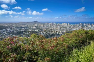 Honolulu, Oahu, Hawaii 'nin Panorama şehri. Yuvarlak Top Drive boyunca bulutlu mavi gökyüzüne doğru bir bakış açısıyla görüldü.
