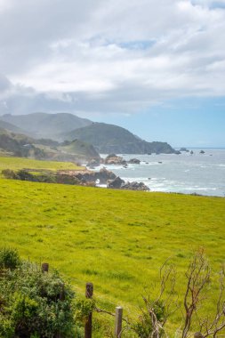 Kaliforniya 'daki kayalık Pasifik Okyanusu kıyılarının manzarası Notleys Landing Vistapoint' ten 1. Otoyol boyunca bulutlu mavi gökyüzüne karşı görüldü