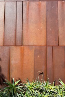 Altında dikey paneller ve yeşil aloe bitkileri olan paslı metal duvar, güneş ışığındaki doğal elementlerle endüstriyel dokuya zıt düşüyor.