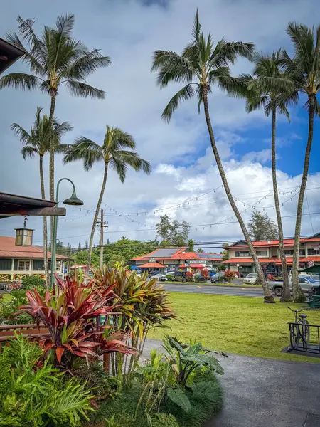 Hanalei, Kauai, Hawaii, ABD - 9 Nisan 2024: Ching Genç Köy Alışveriş Merkezi Bulutlu mavi gökyüzüne karşı