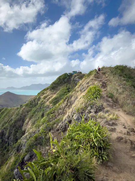 Kailua, Oahu, Hawaii, ABD 'deki Ka' iwa Ridge Lanikai Pillbox yürüyüş parkurunun manzarası bulutlu mavi gökyüzüne karşı