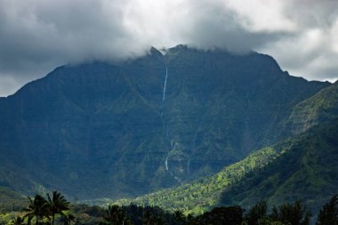 ABD 'nin Hawaii adası Kauai' nin kuzey kıyısında yükselen yemyeşil bitki örtüsüyle kaplı dağların manzarası bulutlu gökyüzüne karşı birkaç şelale ile