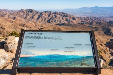 29 Palms, Kaliforniya, ABD - 16 Nisan 2024: Keys View 'deki Coachella Vadisi hakkında bilgi işareti (Joshua National Tree Park), ABD