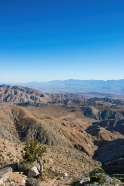 Keys View 'den manzara Joshua Tree Ulusal Parkı' ndan Little San Bernardino Dağları 'ndan Coachella Vadisi, California, ABD' ye, mavi gökyüzüne karşı