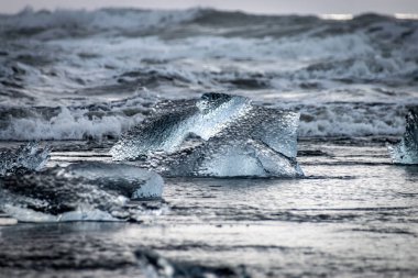 Kristal kadar berrak buz kütleleri İzlanda 'nın Jkulsrln yakınlarındaki Elmas Sahili' nin kara kumları üzerinde uzanarak renk ve dokuda çarpıcı bir kontrast oluşturur..