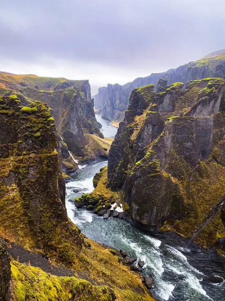 Fjadrargljufur vadisinin dik yosunlu duvarları Güney İzlanda 'daki kıvrımlı Fjadra nehrinin çerçevesini yumuşak gri bir gökyüzünün altında yapar.