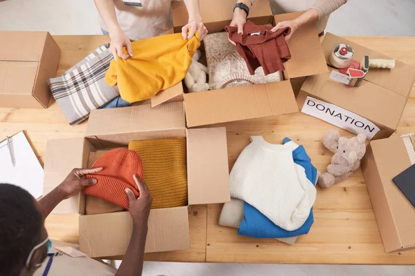 View Shot Unrecognizable Volunteers Packing Clothes Cardboard Boxes Donation — Stock Photo, Image