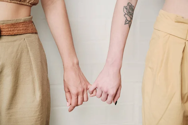 Stock image Close-up of unrecognizable lesbians holding pinkie finger together against wall