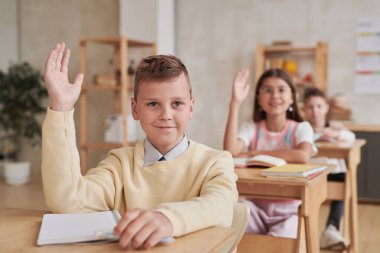 Sınıfta otururken elini kaldıran gülümseyen okul çocuğunun portresi, boşluğu kopyala