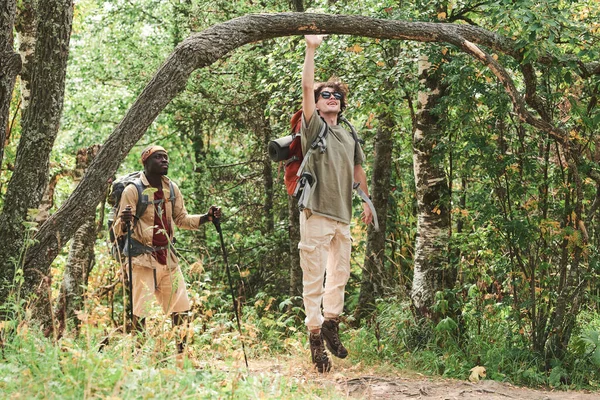 戴着太阳镜的积极的年轻人在森林里与黑人朋友散步时跳到树干上 — 图库照片