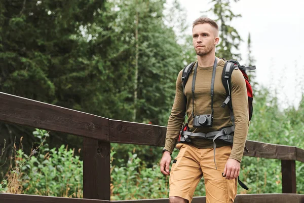 在森林里徒步旅行时 年轻的白人摄影师背着背包 脖子上挂着相机 很严肃 — 图库照片
