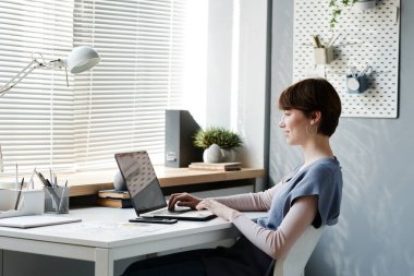 Gülümseyen genç bayan stratejik yönetici masada oturuyor ve internette çalışırken dizüstü bilgisayarında geziniyor.