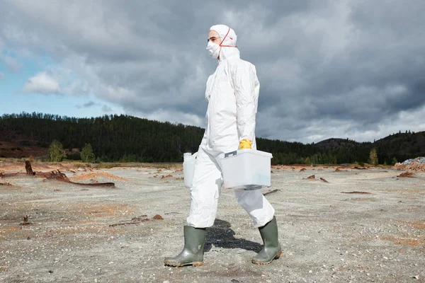 Soil Researcher Biohazmat Suit Facial Mask Walking Containers Samples Toxic Stock Picture