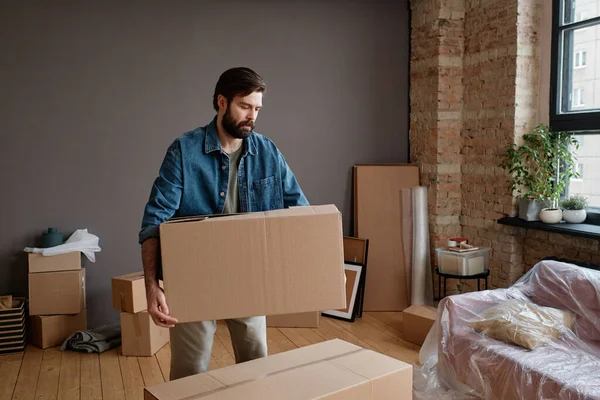 Horizontal Shot Young Man Moving New Apartment Carrying Bringing Boxes — Stock Photo, Image