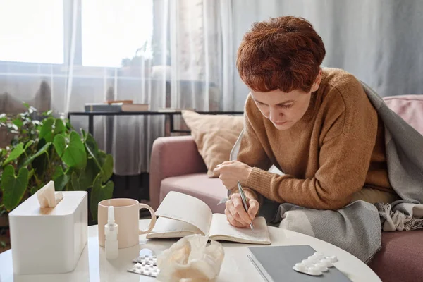 Horizontal Shot Mature Businesswoman Having Flu Staying Home Making Notes — Stock Photo, Image