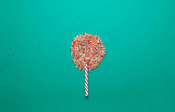 Lollipop Made Sprinkles Candy Cane Green Background Sweets Concept — Stock Photo, Image
