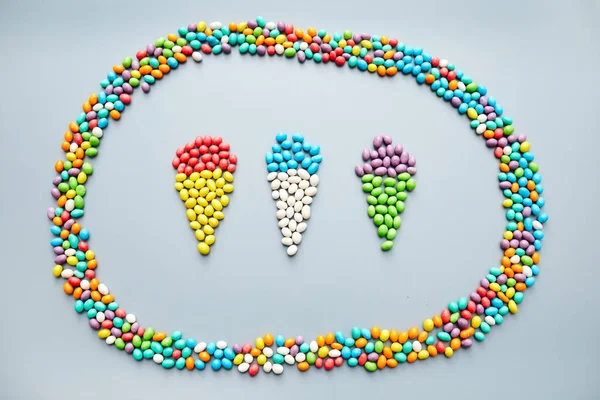 Colorful Jelly Beans Laid Out Shape Three Ice Creams Oval — Stock Photo, Image
