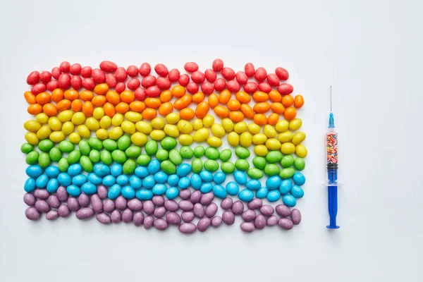 Drugs Equality Flag Plastic Syringe Sweet Sprinkles Fitted Needle Multi — Stock Photo, Image
