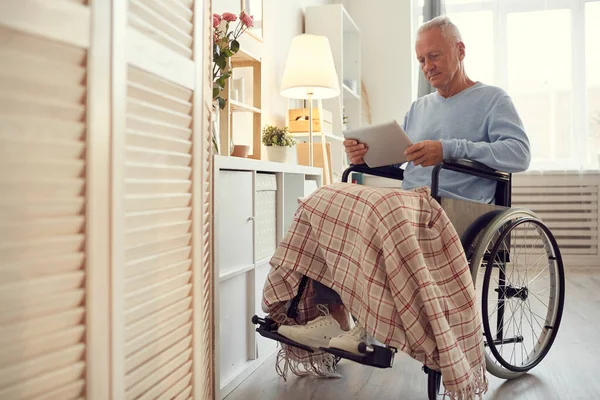 stock image Serious concentrated disabled senior man with paralyzed legs sitting in wheelchair and reading online article on tablet