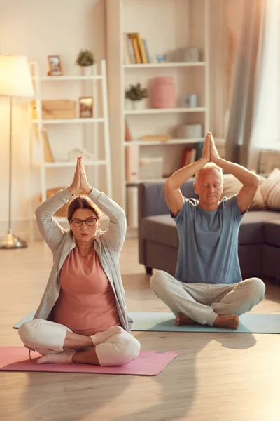 Calm seniors in comfortable clothes sitting on exercise mats and making Namaste gesture above heads while meditating in living room