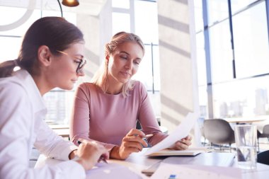 Kafedeki masada oturup verileri izleyen düşünceli genç ve çekici bayanlar, ürünleri piyasaya sürme konusunda beyin fırtınası yapıyorlar.