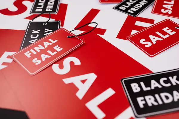 Close-up of red banners and tags for shopping sale, focus on final sale label with black string for attachment