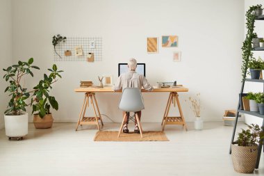 Merkez ofiste bilgisayarla çalışan modern kadın grafik tasarımcısının arka görünümü