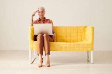 Sarı saçlı, orta yaşlı, meşgul bir kadın. Laptop 'ta oturup iş makalesi okumaya odaklanmış.