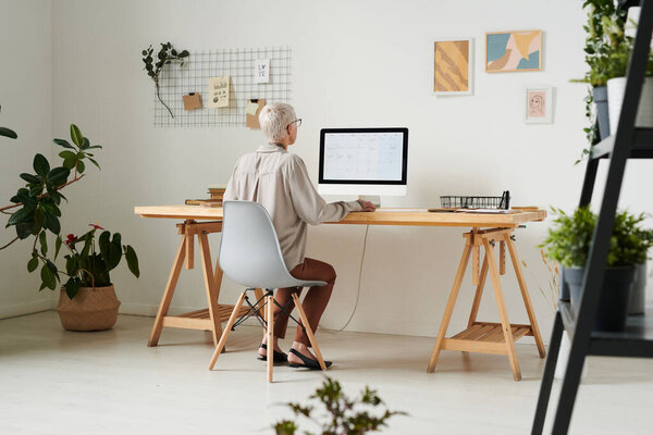 Rear view of short-haired businesswoman sitting at wooden desk and working with computer at home