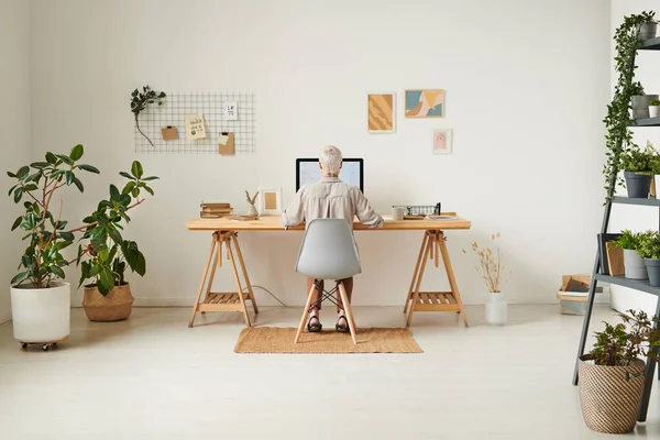 Merkez ofiste bilgisayarla çalışan modern kadın grafik tasarımcısının arka görünümü