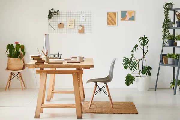 Eco home office with wooden table, various potted plants and modern computer