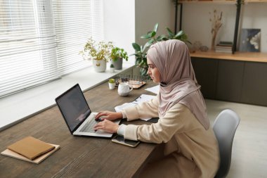 Ofiste çalışan tesettürlü modern genç kadın dizüstü bilgisayarda internet kullanıyor, yatay yüksek açı görüntüsü