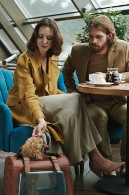 Kafedeki akıllı telefonları kontrol ederken günlük gömlekli, kahve içen ve kruvasan yiyen konsantre genç adam.