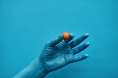 Turkuaz arka planda parlak turuncu fizsali tutan, elle maviye boyanmış, tanınamaz bir kişinin yakın plan fotoğrafı.