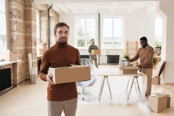 Portrait Content Handsome Young Manager Turtleneck Holding Closed Stuff Box — Stock Photo, Image