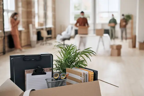 Focus Open Cardboard Box Office Supplies Clipboards Plant People Moving — Stock Photo, Image