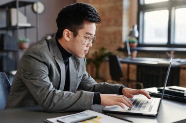 Genç Asyalı komisyoncunun çatı katında masa başında dizüstü bilgisayarla çalışırken çekilmiş yatay bir fotoğrafı.