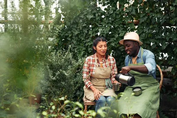 stock image Young African American man and Hispanic woman working together in greenhouse having coffee break