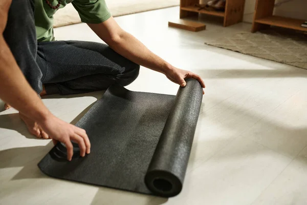 Close Young Man Preparing Exercise Mat Floor Yoga Home — Stock Photo, Image