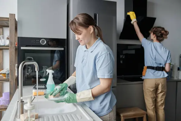 Professional cleaner washing dishes in the kitchen during housework with her colleague wiping dust in background