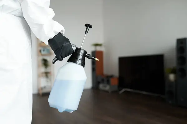 Close Cleaning Worker Protective Suit Using Sprayer Detergent While Doing — Stock Photo, Image