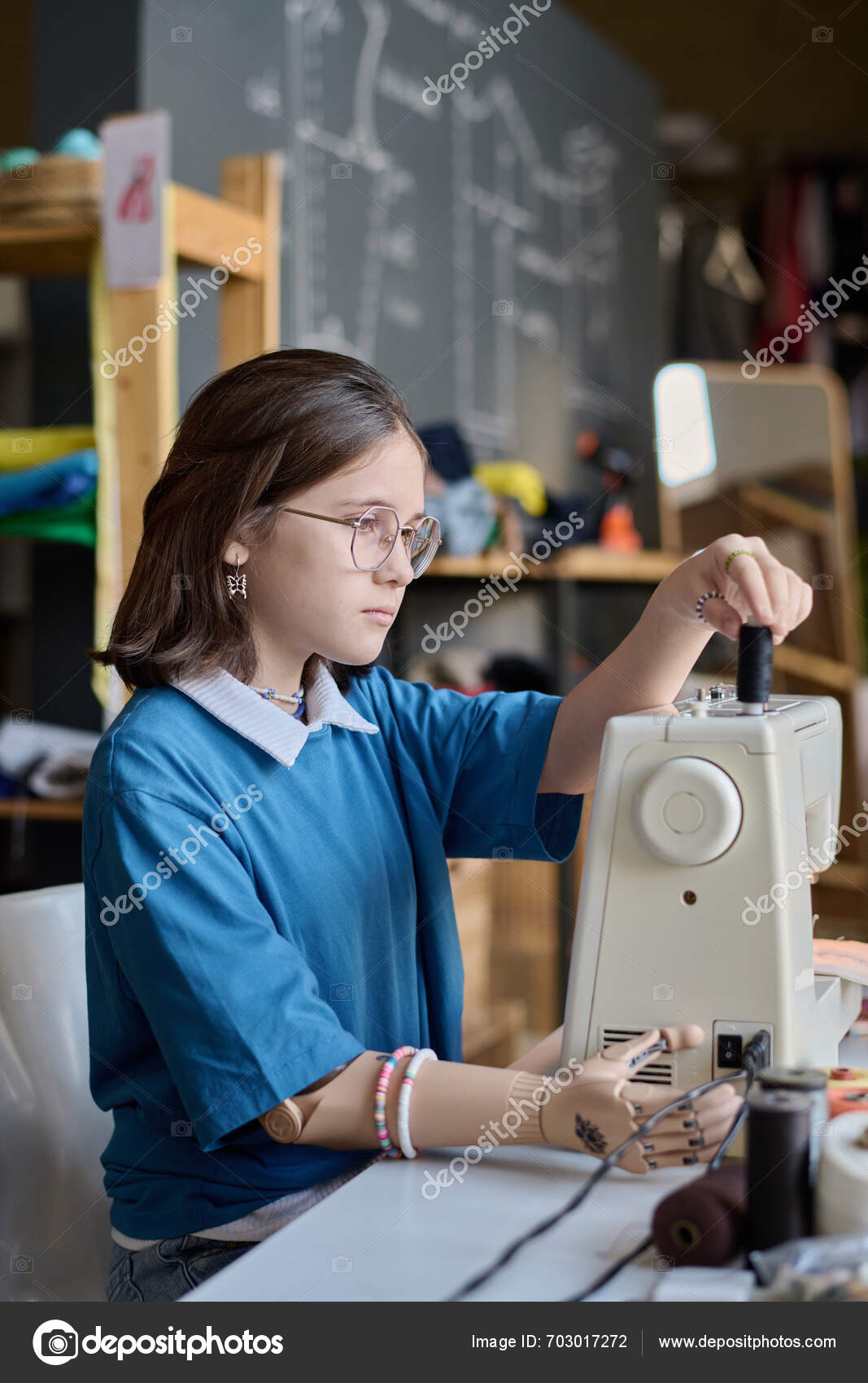 Vertical Side View Portrait Teenage Girl Disability Using Sewing