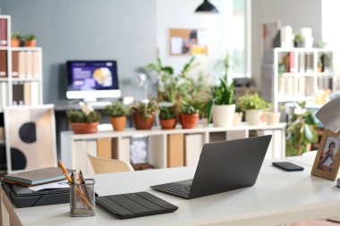 Ön planda açık dizüstü bilgisayarlı rahat iş yerinin arkaplan görüntüsü ve geniş ışıklı ofis fotokopi alanındaki yeşil bitkiler