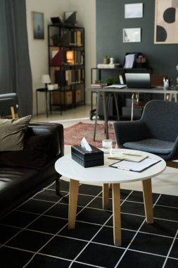 Kitap rafları ve dekorasyon malzemelerinin yanında rahat siyah bir sandalye ve ahşap mobilya bulunduran modern ofis düzeni, doğal estetikle temiz ve düzenli bir ortam sağlıyor.