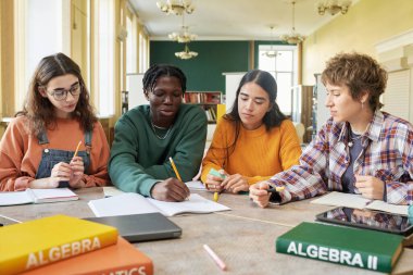 Group of diverse students sitting and studying together in classroom, focused on Algebra. Students are collaborating, supporting learning, demonstrating teamwork clipart