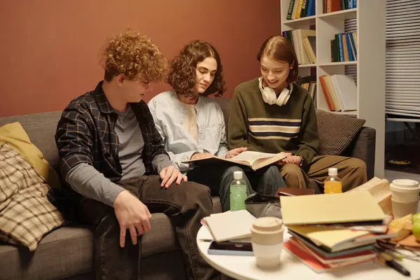 Üç arkadaş bir araya gelip kitap okuyorlar, kanepede oturuyorlar, ödev yapıyorlar ve sınavlara hazırlanıyorlar.