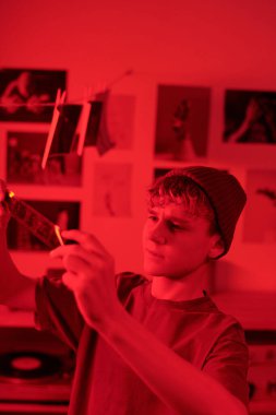 Vertical portrait of young photographer holding film to light while developing photo prints in darkroom with red lighting clipart