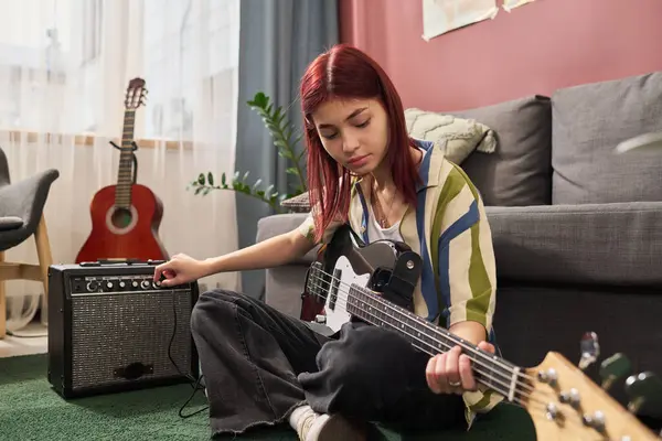 Rahat mobilyalar ve dekorasyonla çevrili rahat oturma odasında, amfinin yanında oturup bas gitar çalışmak sıcak bir atmosfer yaratıyor.