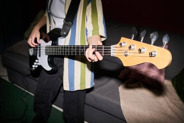 Oturma odasında bas gitar çalan, yeşil halısı, kısmen görünür elleri ve vücudu olan, çizgili gömlekli, bu açıdan görülmeyen biri.
