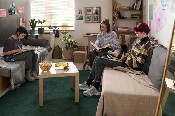 Yurt odasında açık kitap ve defterlerle birlikte okuyan üç genç arkadaştan oluşan bir grup.